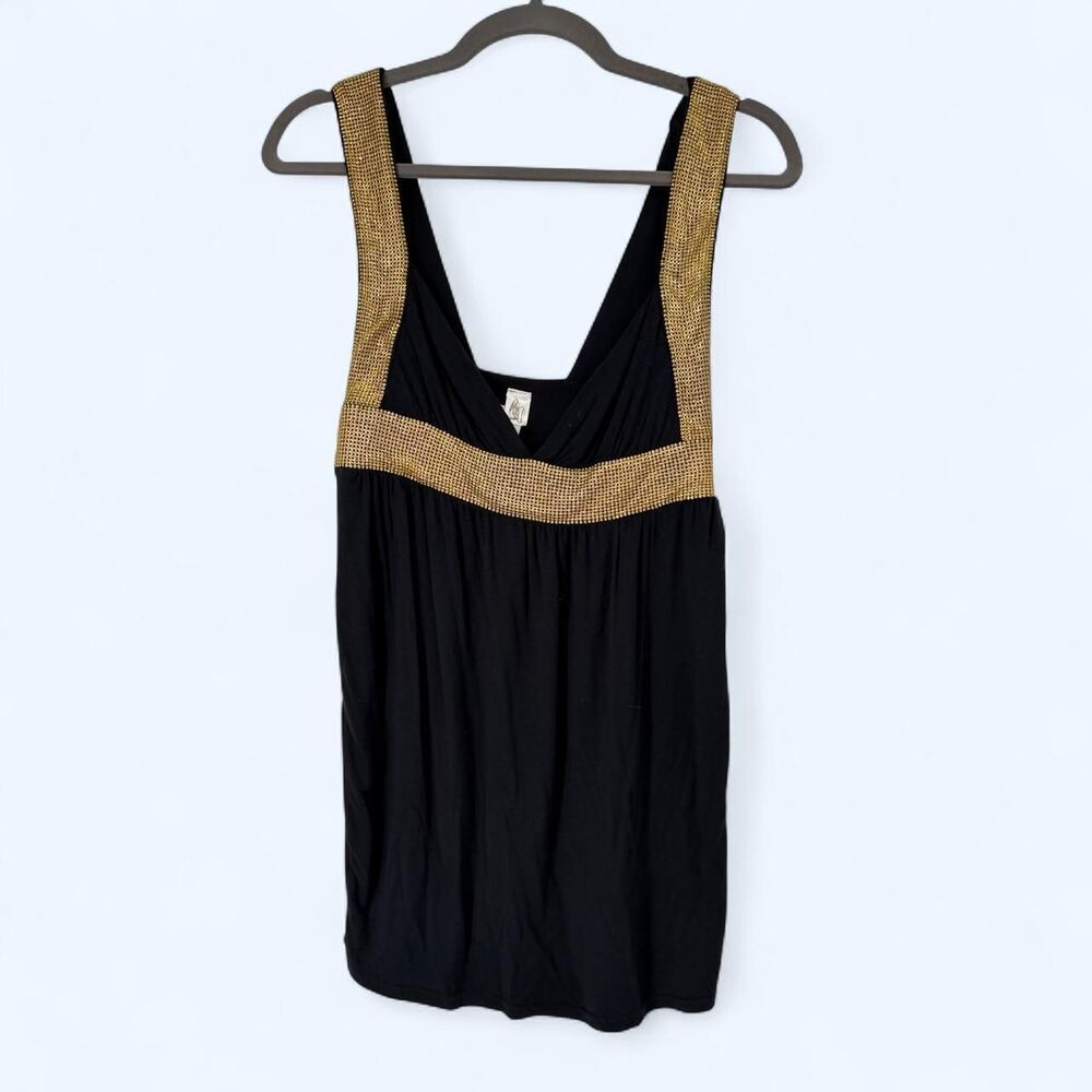 Black Babydoll Tank Top Gold Mesh Trim Empire Waist Deep V Neck Camisole c. 2004